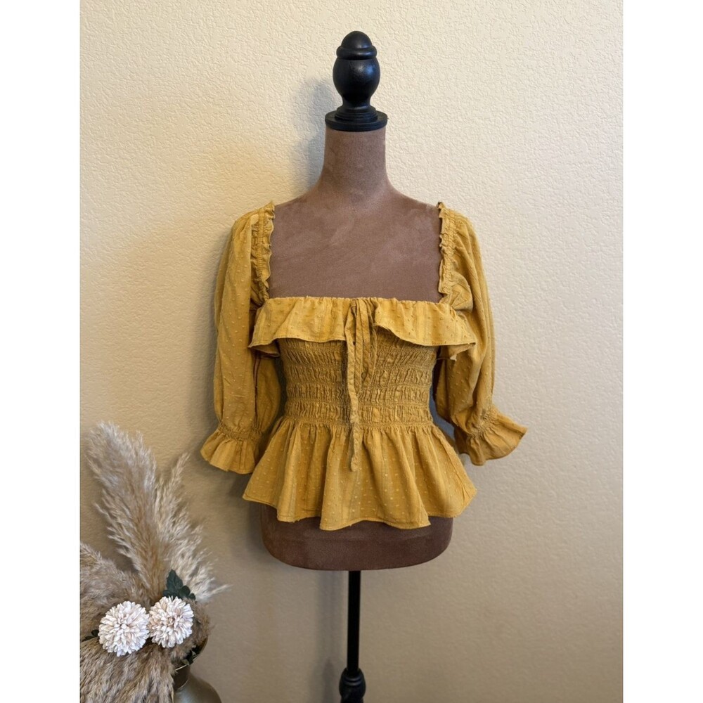 Indigo Rising Mustard Yellow Swiss Dot Smocked Peplum Blouse Puff Sleeve Top L